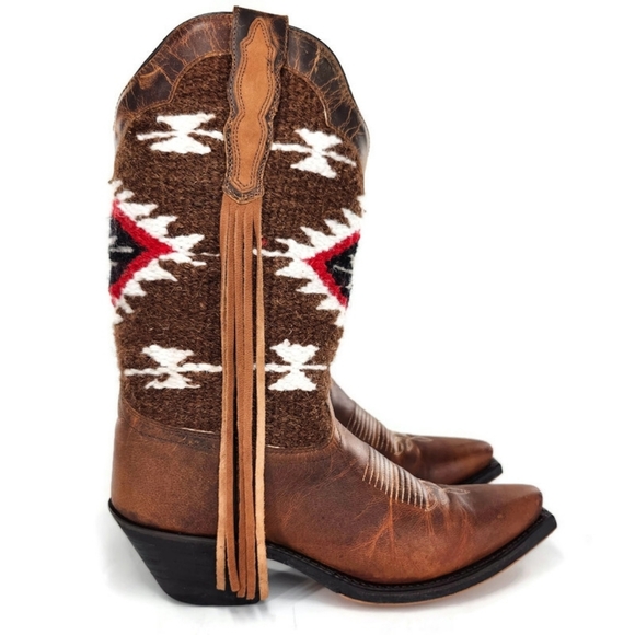 Laredo Bailey Honey Brown Leather Woven Southwestern Print Western Cowboy Boots - Picture 2 of 15